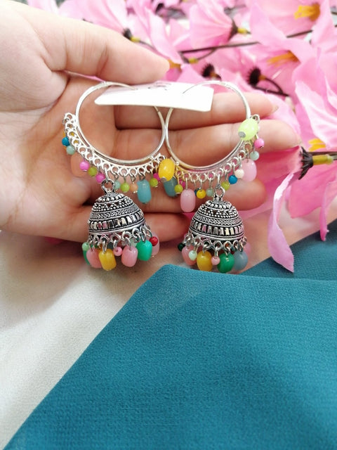 Oxidized Chandbali Hoop Jhumka with Pastel Beads
