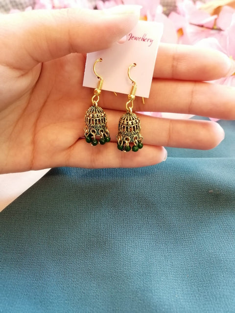 Mini Gold Jhumka Earrings with Beads | Traditional Pakistani Jewellery