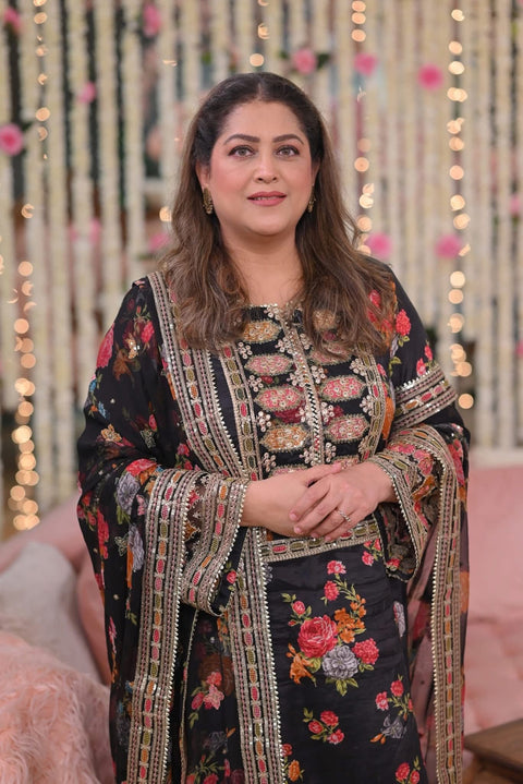 Aneelas Luxury Silk Dress Embroidered 3 Piece Unstitched (Black) Complete Patches