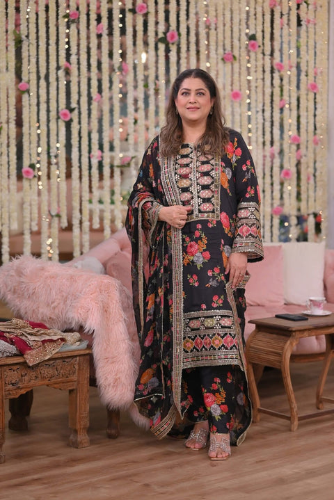 Aneelas Luxury Silk Dress Embroidered 3 Piece Unstitched (Black) Complete Patches