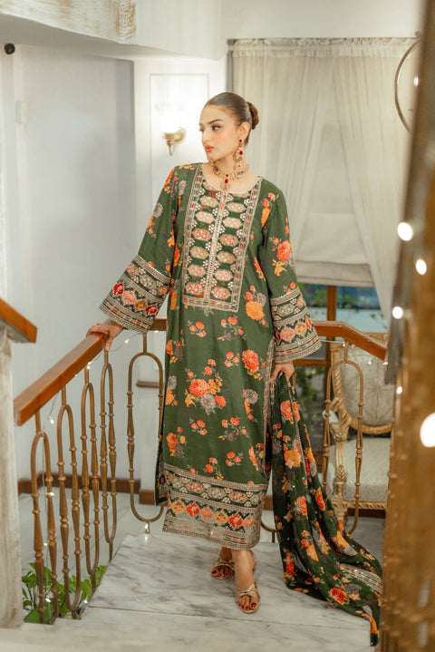 Aneelas Luxury Silk Dress Embroidered 3 Piece Unstitched (Green) Complete Patches