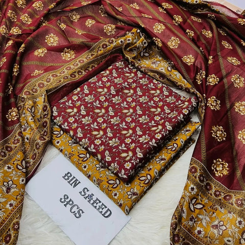 3 Piece Unstitched Printed Lawn Suit - Bin Saeed