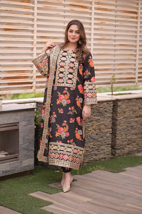 Aneelas Luxury Silk Dress Embroidered 3 Piece Unstitched (Black) Complete Patches