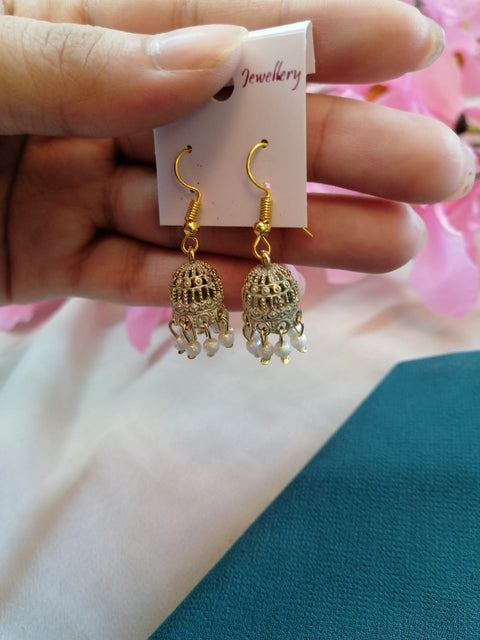 Mini Gold Jhumka Earrings with Beads | Traditional Pakistani Jewellery