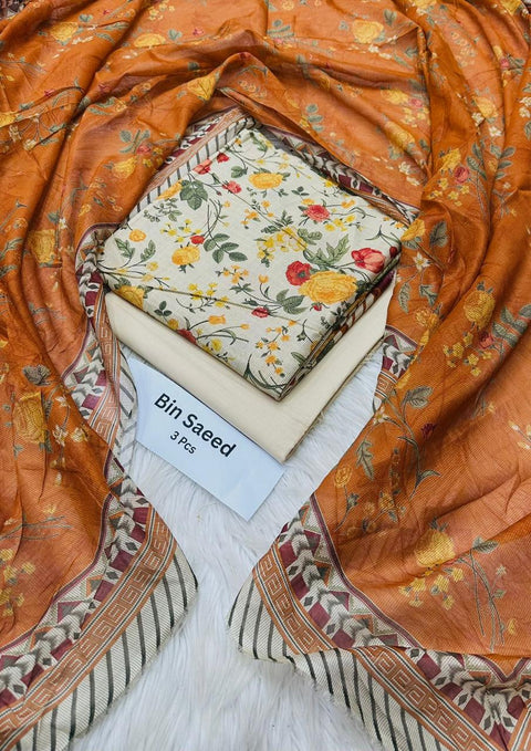 3 Piece Unstitched Printed Lawn Suit - Bin Saeed