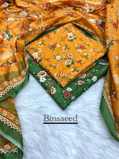 3 Piece Unstitched Printed Lawn Suit - Bin Saeed