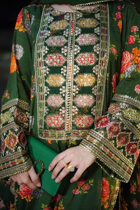 Aneelas Luxury Silk Dress Embroidered 3 Piece Unstitched (Green) Complete Patches