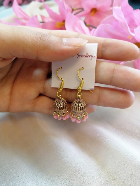 Mini Gold Jhumka Earrings with Beads | Traditional Pakistani Jewellery