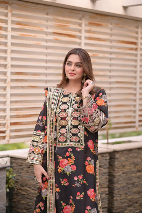 Aneelas Luxury Silk Dress Embroidered 3 Piece Unstitched (Black) Complete Patches