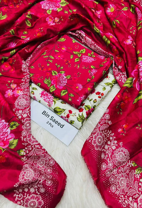 3 Piece Unstitched Printed Lawn Suit - Bin SAEED