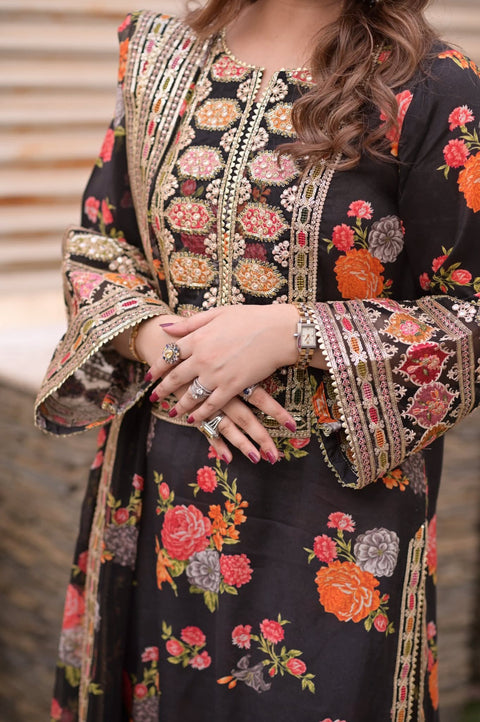 Aneelas Luxury Silk Dress Embroidered 3 Piece Unstitched (Black) Complete Patches